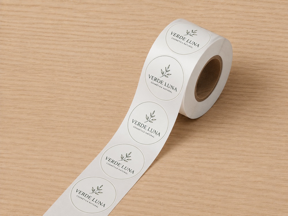 Rollo de pegatinas circulares con logo sobre una mesa de madera